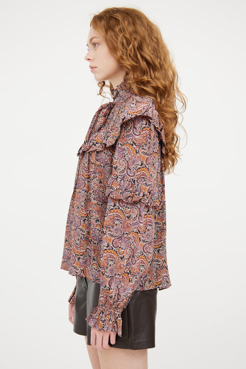 Ulla Johnson Burgundy 
Multicolour Silk Paisley Pleated Top