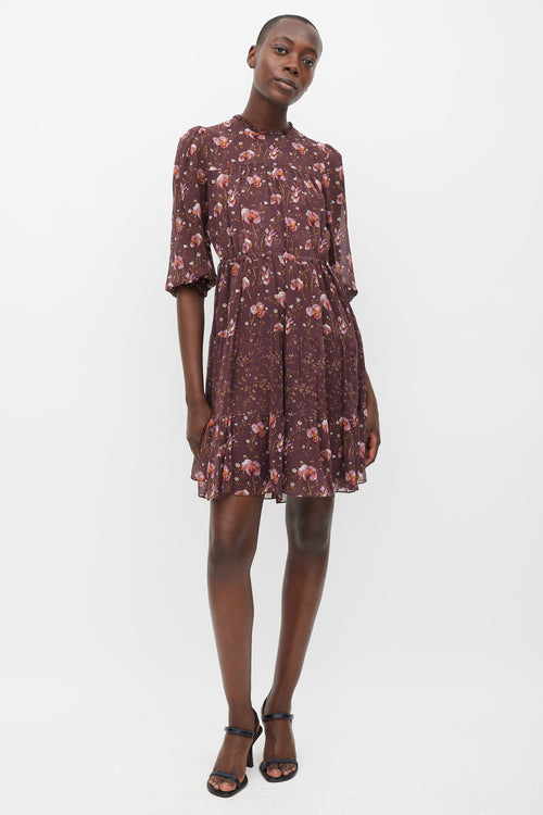 Ulla Johnson Burgundy 
Multicolur Silk Floral Tiered Dress