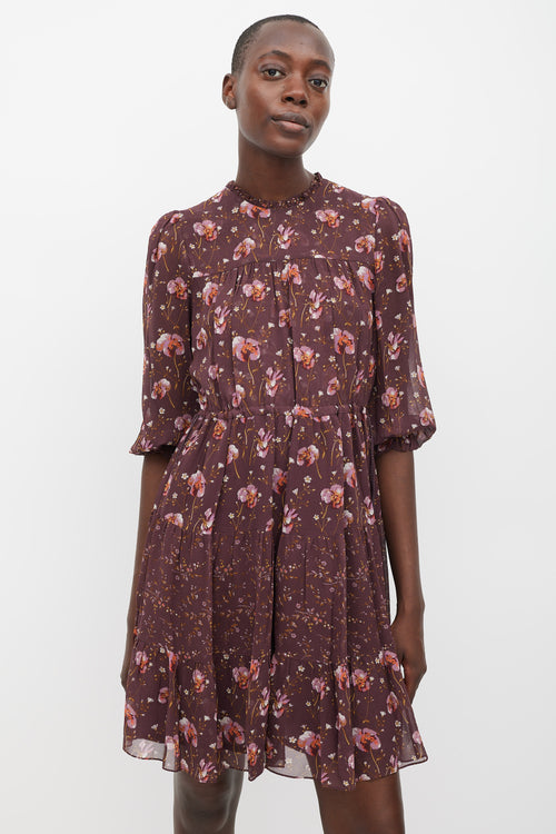 Ulla Johnson Burgundy 
Multicolur Silk Floral Tiered Dress