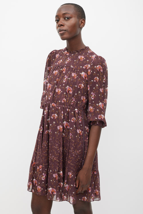 Ulla Johnson Burgundy 
Multicolur Silk Floral Tiered Dress