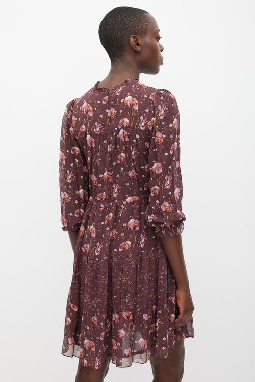 Ulla Johnson Burgundy 
Multicolur Silk Floral Tiered Dress