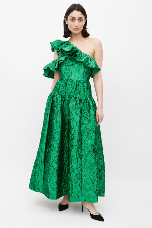 Ulla Johnson Green Jacquard Asymmetric Ruffle Gown