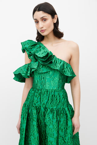 Ulla Johnson Green Jacquard Asymmetric Ruffle Gown