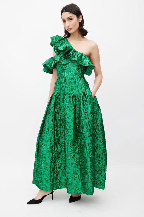 Ulla Johnson Green Jacquard Asymmetric Ruffle Gown