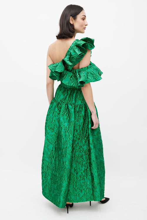 Ulla Johnson Green Jacquard Asymmetric Ruffle Gown