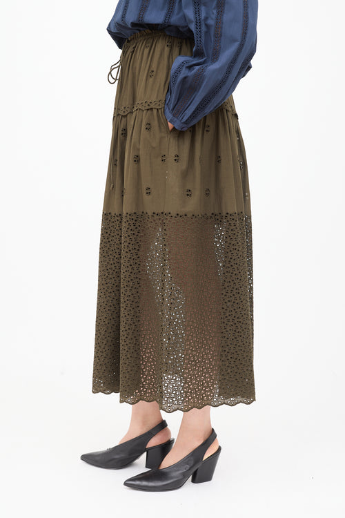 Ulla Johnson Green Eyelet Midi Skirt