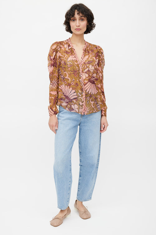 Ulla Johnson Green 
Multicolour Floral Metallic Top