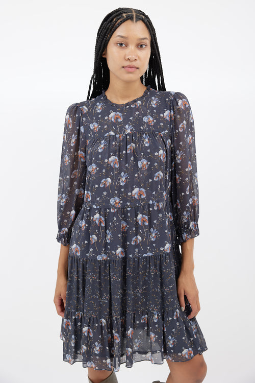 Ulla Johnson Navy 
Multi Silk Floral Dress