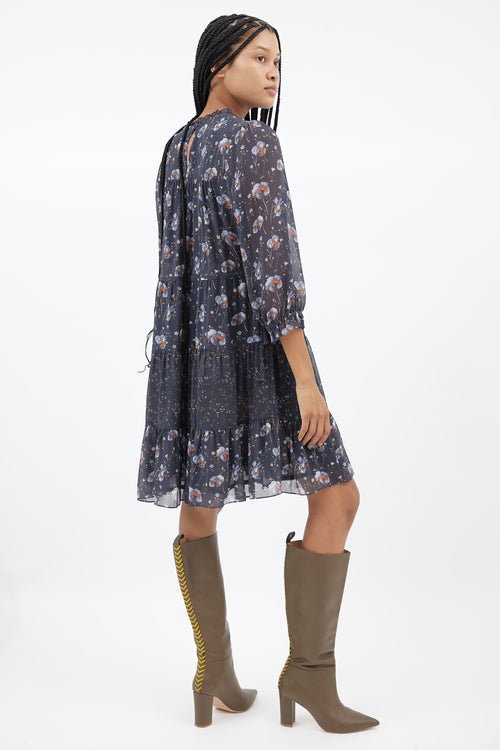 Ulla Johnson Navy 
Multi Silk Floral Dress