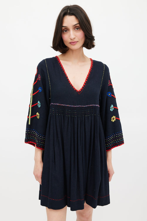 Ulla Johnson Black 
Multi Silk Masha Embroidered Dress