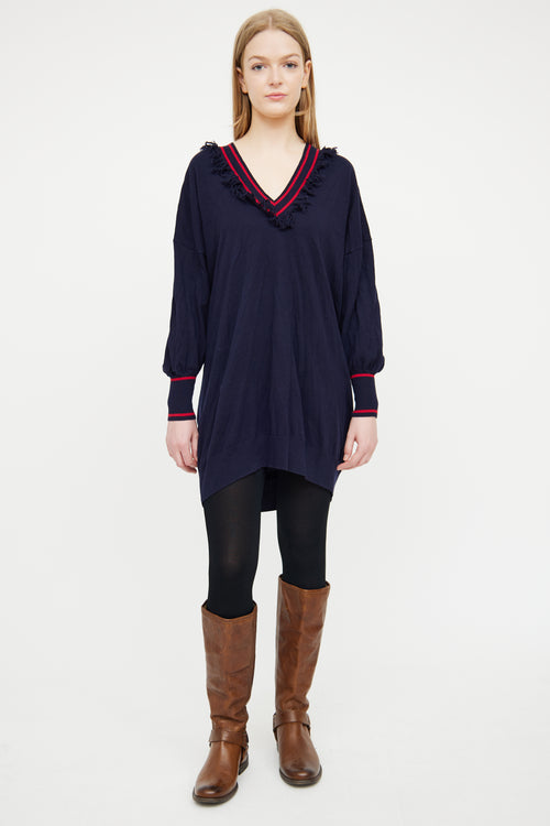 Ulla Johnson Navy 
Red V-Neck Fringe Sweater