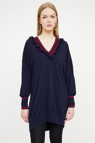 Ulla Johnson Navy 
Red V-Neck Fringe Sweater