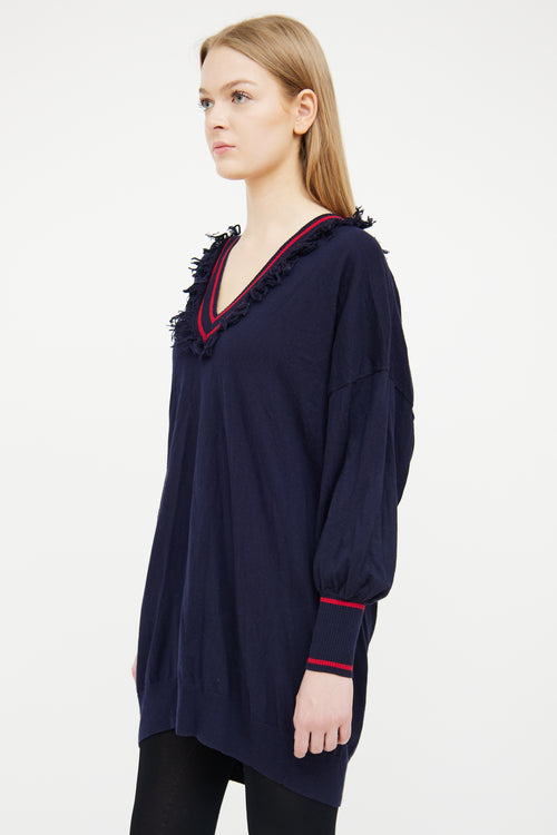 Ulla Johnson Navy 
Red V-Neck Fringe Sweater