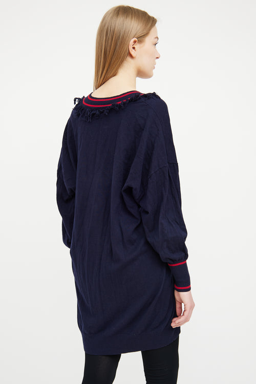 Ulla Johnson Navy 
Red V-Neck Fringe Sweater