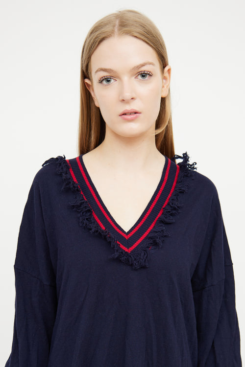 Ulla Johnson Navy 
Red V-Neck Fringe Sweater