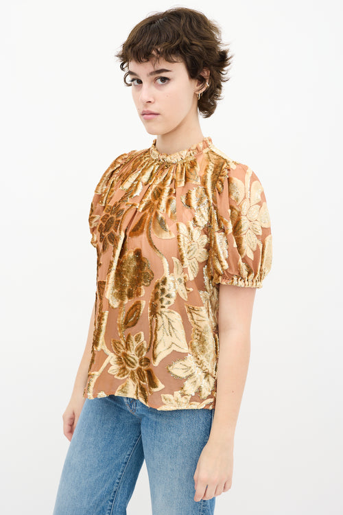 Orange 
Gold Floral Velvet Top