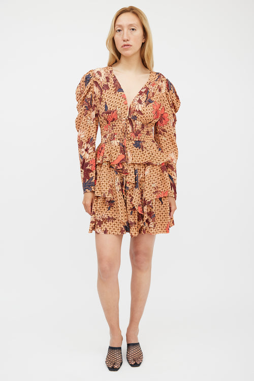 Ulla Johnson Orange 
Red Silk Floral Ruffled Dress