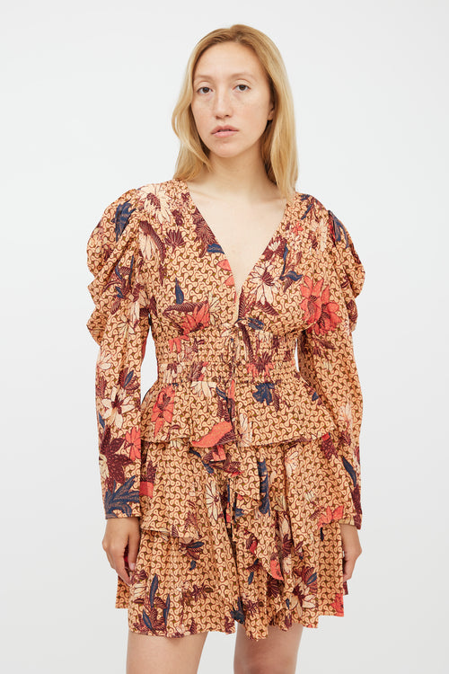 Ulla Johnson Orange 
Red Silk Floral Ruffled Dress