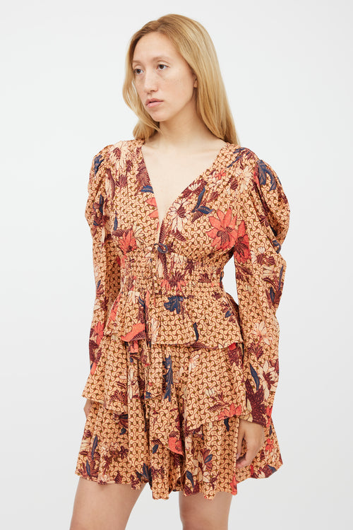 Ulla Johnson Orange 
Red Silk Floral Ruffled Dress