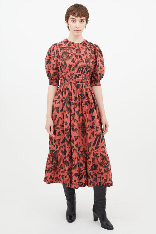 Ulla Johnson Red 
Black Floral Pleated Dress