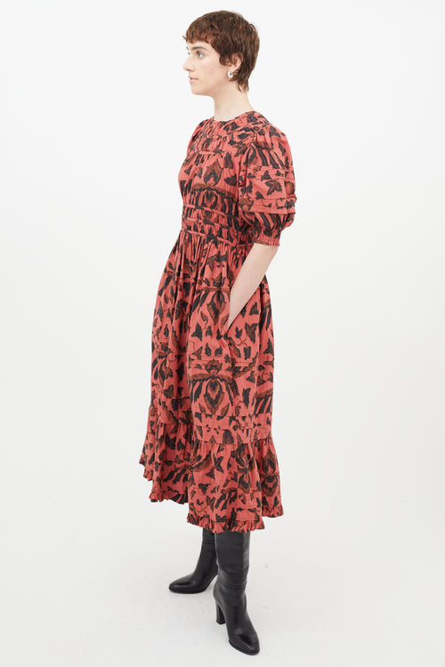 Ulla Johnson Red 
Black Floral Pleated Dress