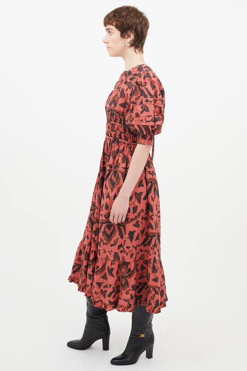 Ulla Johnson Red 
Black Floral Pleated Dress