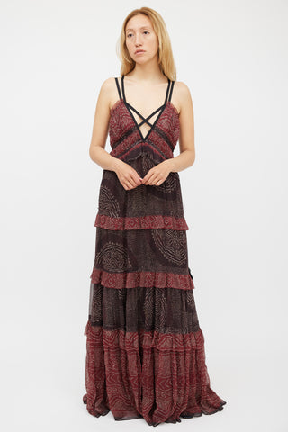 Ulla Johnson Red 
Black Silk Ruffled Tiered Dress