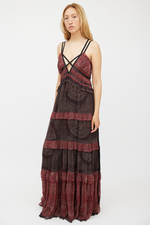 Ulla Johnson Red 
Black Silk Ruffled Tiered Dress