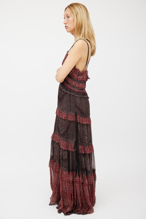 Ulla Johnson Red 
Black Silk Ruffled Tiered Dress