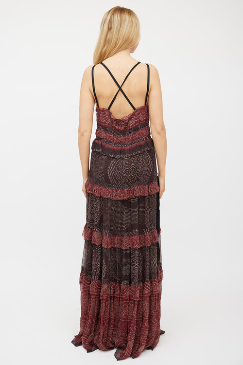 Ulla Johnson Red 
Black Silk Ruffled Tiered Dress