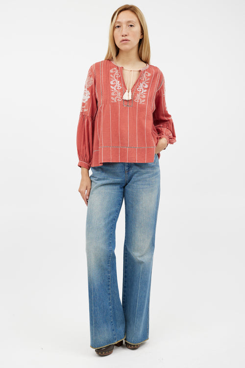 Ulla Johnson Red 
White Embroidered Top