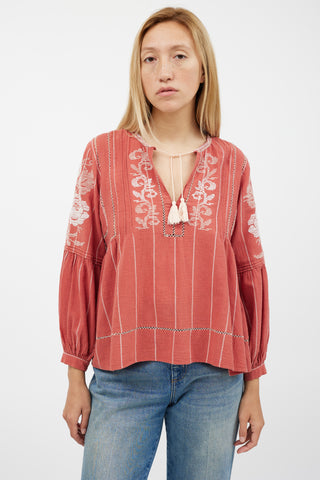 Ulla Johnson Red 
White Embroidered Top