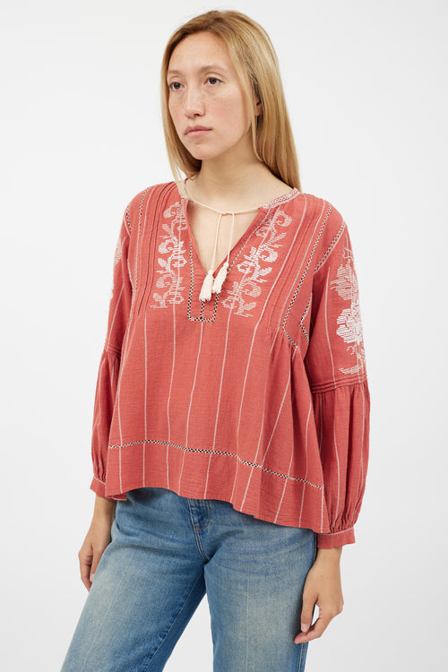 Ulla Johnson Red 
White Embroidered Top