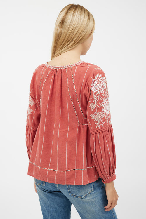 Ulla Johnson Red 
White Embroidered Top