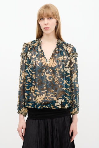 Ulla Johnson Teal 
Beige Floral Printed Blouse