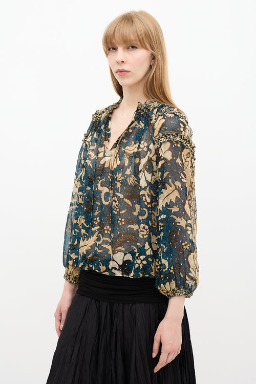 Ulla Johnson Teal 
Beige Floral Printed Blouse