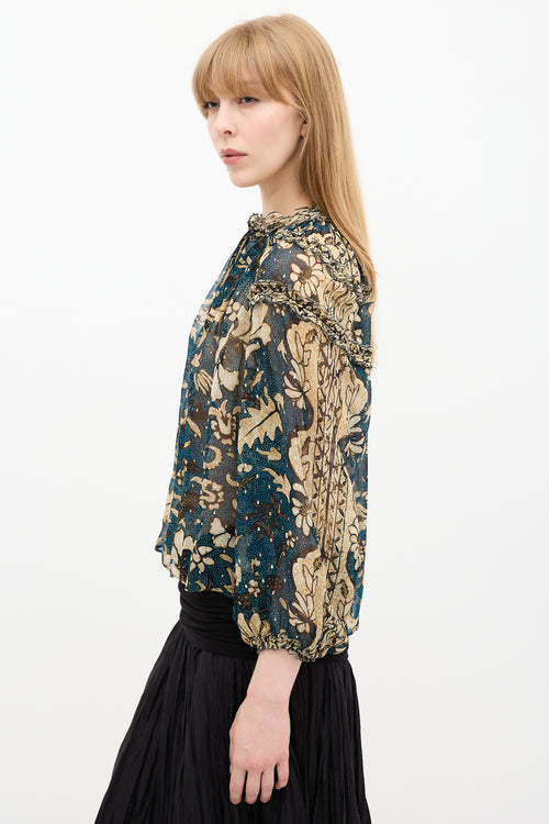 Ulla Johnson Teal 
Beige Floral Printed Blouse