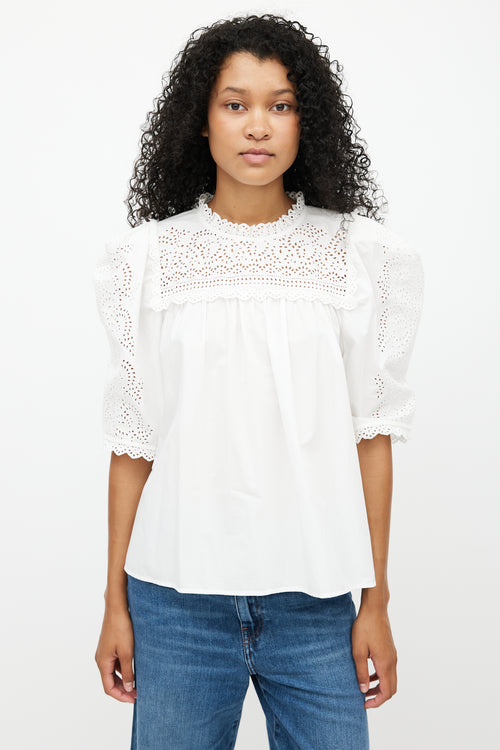 Ulla Johnson White Gathered Eyelet Top