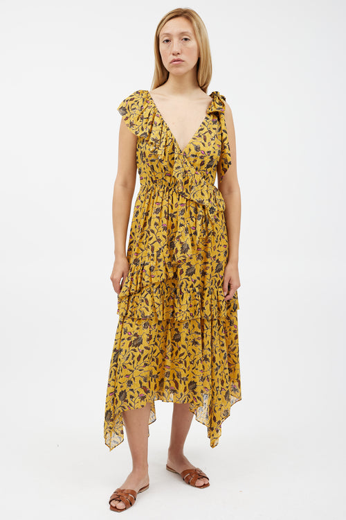 Ulla Johnson Yellow 
Black Floral Ruffled Dress