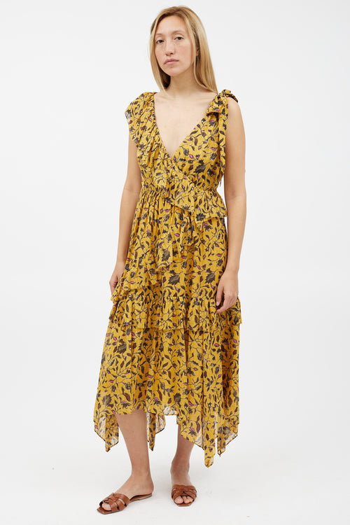 Ulla Johnson Yellow 
Black Floral Ruffled Dress