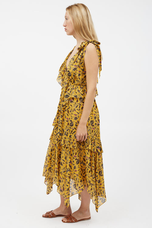 Ulla Johnson Yellow 
Black Floral Ruffled Dress