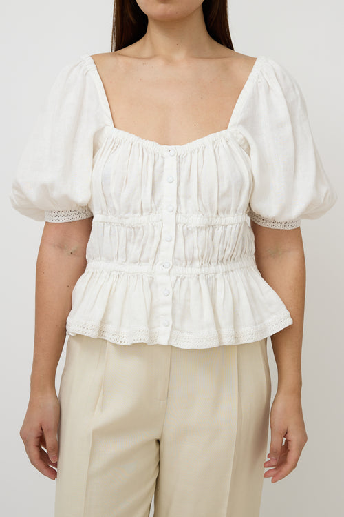  Cream Linen Puff Sleeve Top