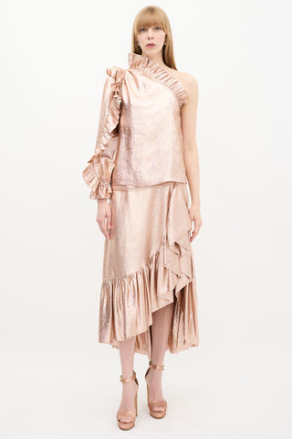 Ulla Johnson Bronze Metallic Silk Ruffle Top 
Skirt Set