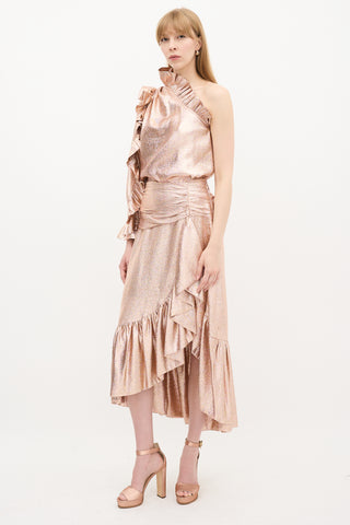 Ulla Johnson Bronze Metallic Silk Ruffle Top 
Skirt Set