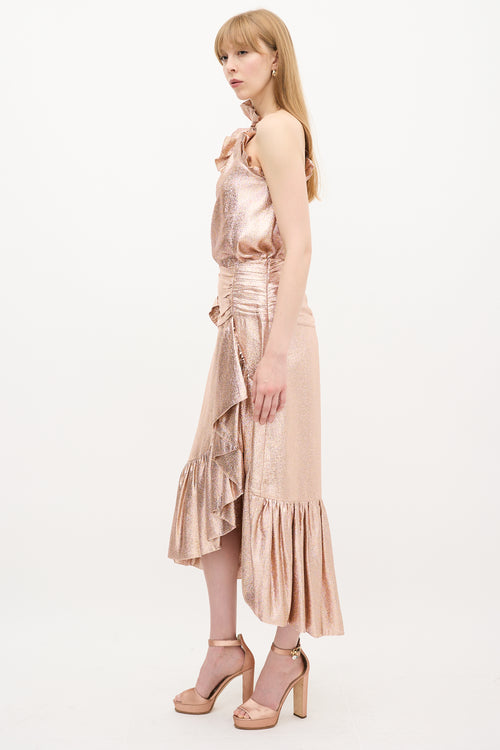 Ulla Johnson Bronze Metallic Silk Ruffle Top 
Skirt Set