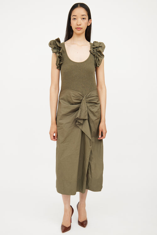 Ulla Johnson Green Cotton Ribbed 
Ruffled Dress