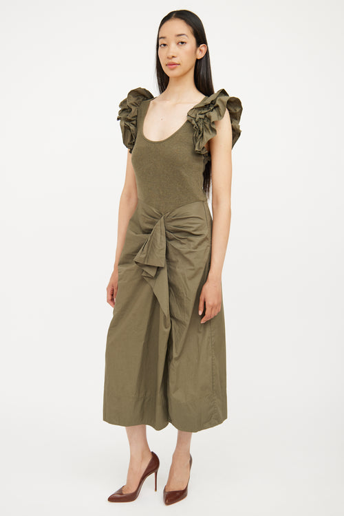 Ulla Johnson Green Cotton Ribbed 
Ruffled Dress