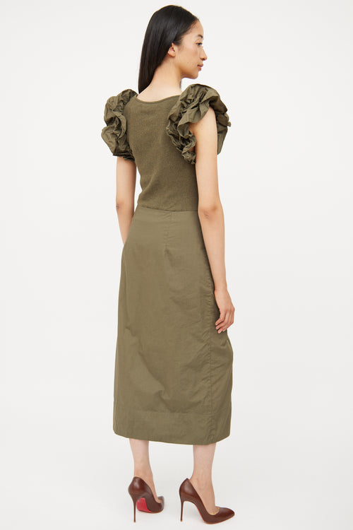 Ulla Johnson Green Cotton Ribbed 
Ruffled Dress