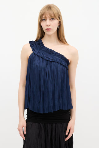 Ulla Johnson Navy Satin Pleated Asymmetrical Top