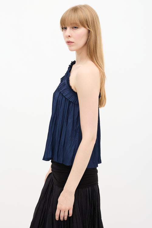 Ulla Johnson Navy Satin Pleated Asymmetrical Top